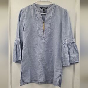 Ellen Tracy 100% Linen Ruffle Sleeve Blouse Blue Gold Zip Size Small